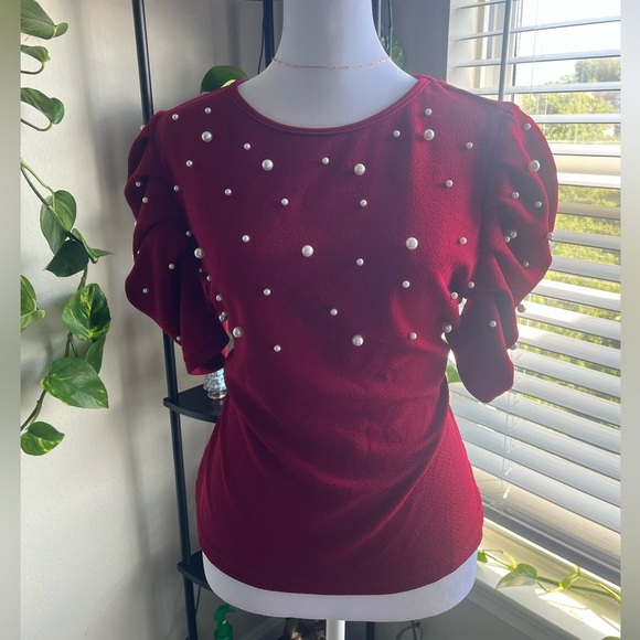 Elegant Red Pearl-Embellished Top - Picture 2 of 3